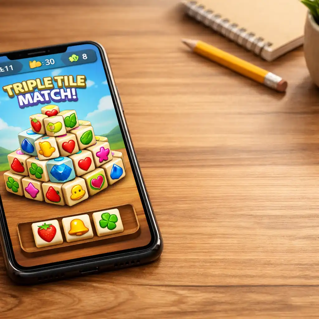 Ekran smartfona z grą Triple Tile Match Puzzle, na którym widoczne są kolorowe kafelki w układzie 3D, leżący na ciepłym drewnianym biurku