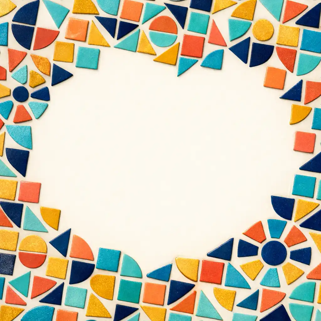 Geometryczna mozaika kafelków w kolorach turkusowym, koralowym, musztardowym i granatowym, symbolizująca poziomy i wyzwania w Triple Tile Match Puzzle