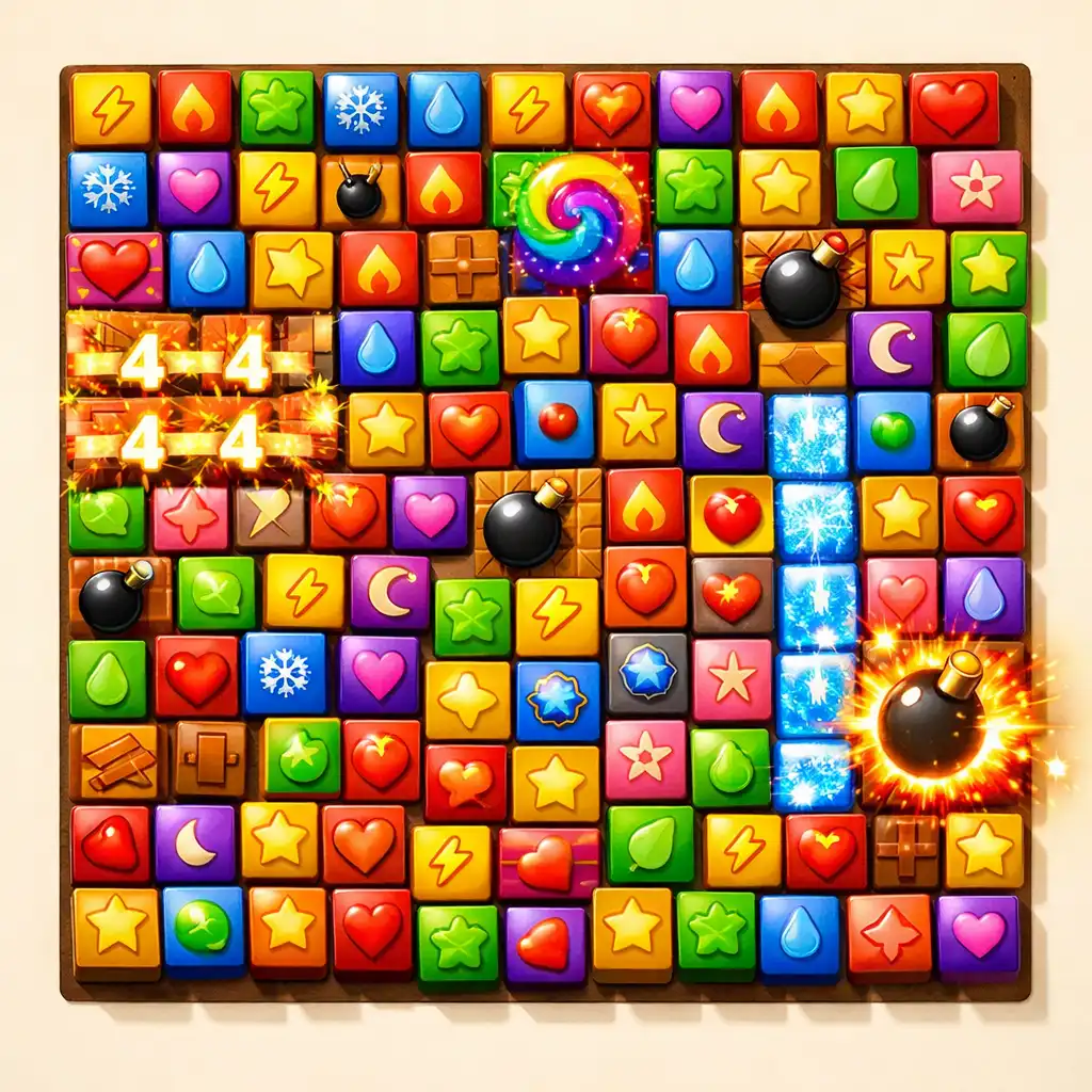 Złożony układ kafelków w grze Triple Tile Match Puzzle z dużą liczbą płytek i ograniczoną przestrzenią